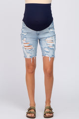 Light Wash Distressed Denim Maternity Shorts