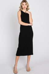 Black Ribbed Cross Back Cutout Maternity Dress