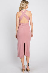 Pink Ribbed Cross Back Cutout Dress