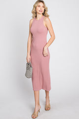 Pink Ribbed Cross Back Cutout Dress