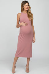 Pink Ribbed Cross Back Cutout Maternity Dress