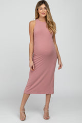 Pink Ribbed Cross Back Cutout Maternity Dress