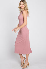 Pink Ribbed Cross Back Cutout Dress