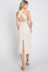 Taupe Ribbed Cross Back Cutout Dress