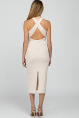 Taupe Ribbed Cross Back Cutout Maternity Dress