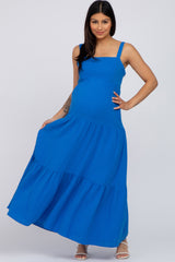 Blue Sleeveless Ruffle Tiered Maternity Maxi Dress