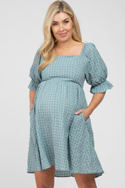 Green Buffalo Print Square Neck Babydoll Maternity Dress