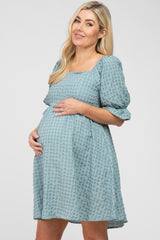 Green Buffalo Print Square Neck Babydoll Maternity Dress