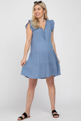 Blue Ruffle Accent Tiered Maternity Dress