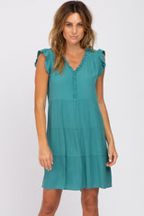 Teal Ruffle Accent Tiered Maternity Dress