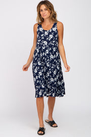 Navy Floral Sleeveless Pleated Dress