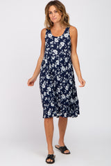 Navy Floral Sleeveless Pleated Maternity Dress