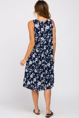 Navy Floral Sleeveless Pleated Dress