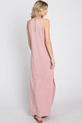 Light Pink Ribbed Halter Neck Round Hem Maxi Dress