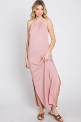 Light Pink Ribbed Halter Neck Round Hem Maxi Dress