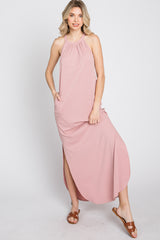 Light Pink Ribbed Halter Neck Round Hem Maxi Dress