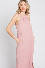 Light Pink Ribbed Halter Neck Round Hem Maxi Dress