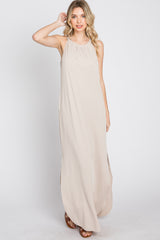 Beige Ribbed Halter Neck Round Hem Maxi Dress