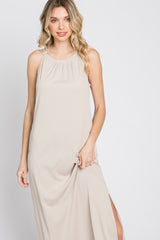 Beige Ribbed Halter Neck Round Hem Maxi Dress