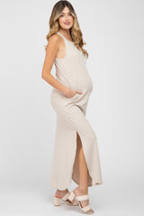 Beige Ribbed Halter Neck Round Hem Maternity Maxi Dress