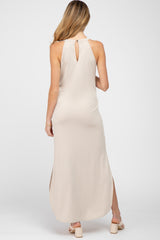 Beige Ribbed Halter Neck Round Hem Maternity Maxi Dress