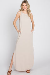 Beige Ribbed Halter Neck Round Hem Maxi Dress