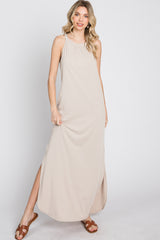 Beige Ribbed Halter Neck Round Hem Maxi Dress