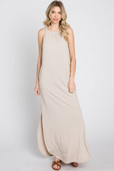 Beige Ribbed Halter Neck Round Hem Maxi Dress