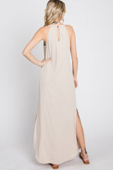 Beige Ribbed Halter Neck Round Hem Maxi Dress