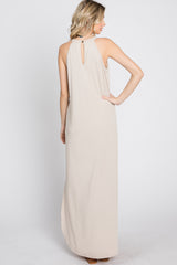 Beige Ribbed Halter Neck Round Hem Maxi Dress