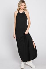 Black Ribbed Halter Neck Round Hem Maxi Dress