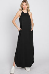 Black Ribbed Halter Neck Round Hem Maxi Dress