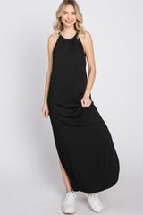 Black Ribbed Halter Neck Round Hem Maxi Dress