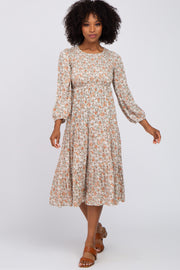 Cream Floral Smocked 3/4 Sleeve Midi Dress