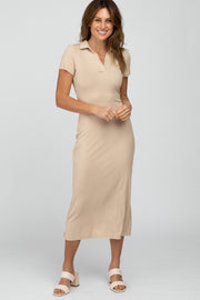 Beige Ribbed Collared Fitted Midi Dress