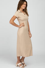 Beige Ribbed Collared Fitted Midi Dress