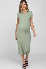 Mint Green Ribbed Collared Fitted Maternity Midi Dress