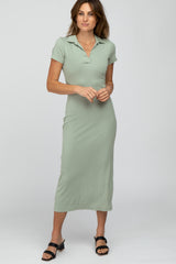 Mint Green Ribbed Collared Fitted Maternity Midi Dress