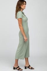 Mint Green Ribbed Collared Fitted Midi Dress