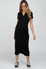 Black Ribbed Collared Fitted Maternity Midi Dress