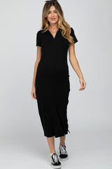 Black Ribbed Collared Fitted Maternity Midi Dress