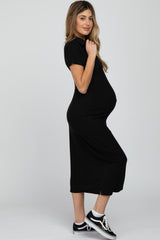 Black Ribbed Collared Fitted Maternity Midi Dress