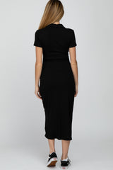 Black Ribbed Collared Fitted Maternity Midi Dress