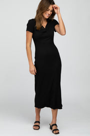 Black Ribbed Collared Fitted Midi Dress