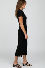 Black Ribbed Collared Fitted Midi Dress