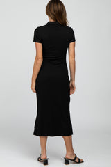 Black Ribbed Collared Fitted Midi Dress