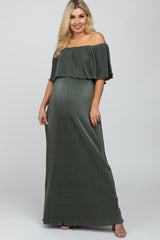 Olive Pleated Ruffle Off Shoulder Maternity Maxi Dress