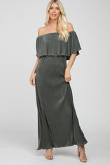 Olive Pleated Ruffle Off Shoulder Maternity Maxi Dress