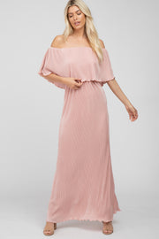 Pink Pleated Ruffle Off Shoulder Maxi Dress