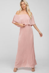 Pink Pleated Ruffle Off Shoulder Maternity Maxi Dress